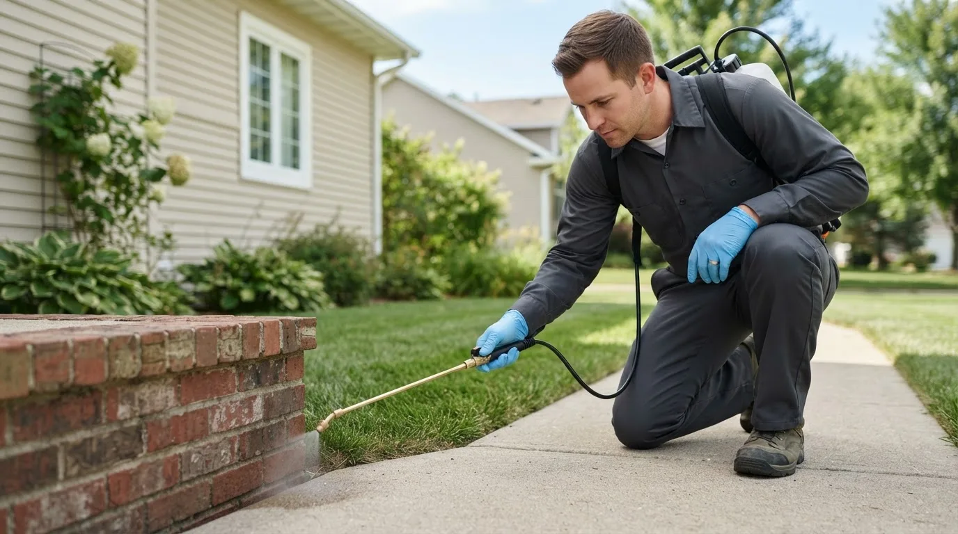 Pest control technician treating a home near Williamsport, IN