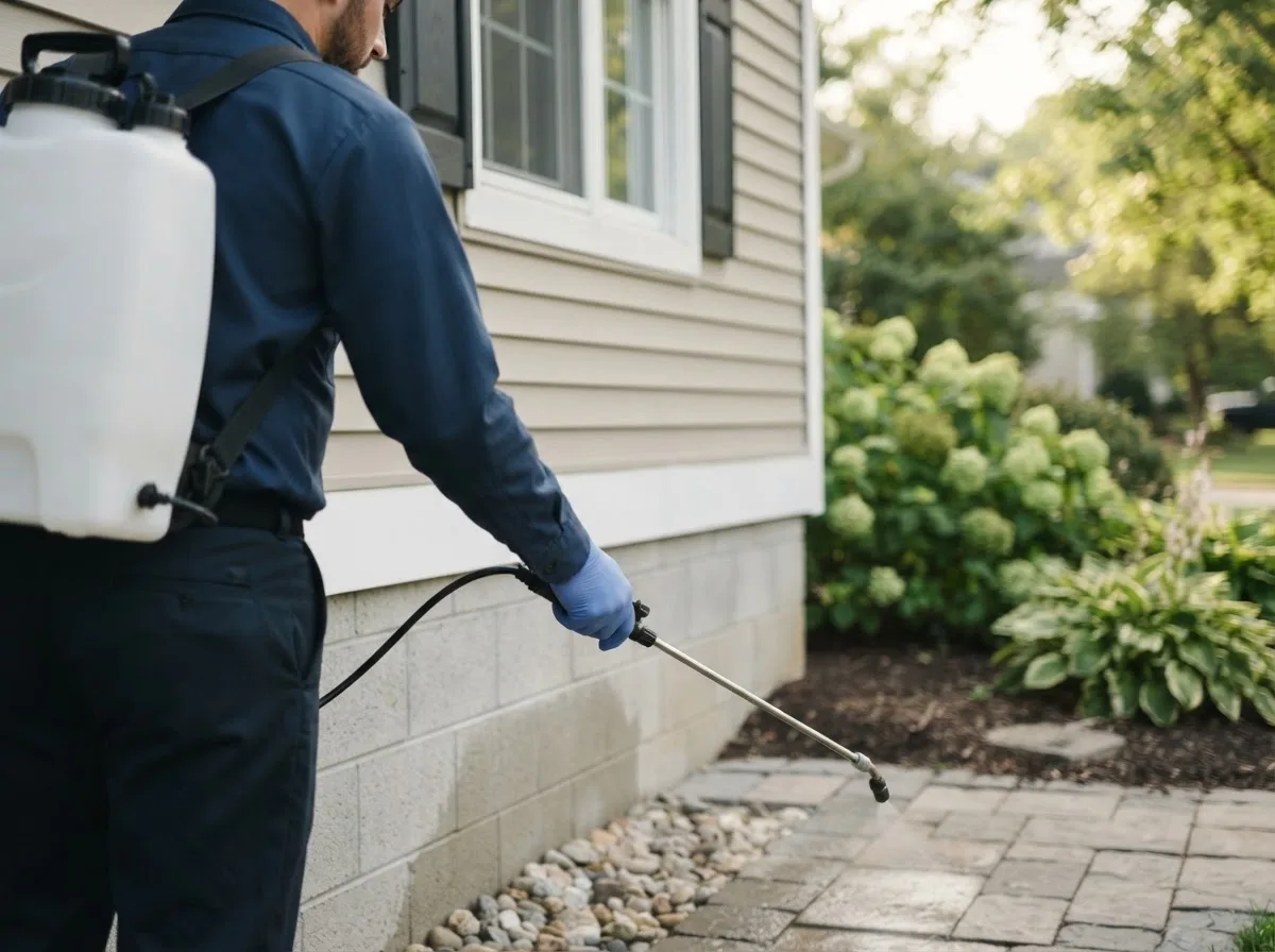 Pest control technician inspecting a home in Williamsport, IN